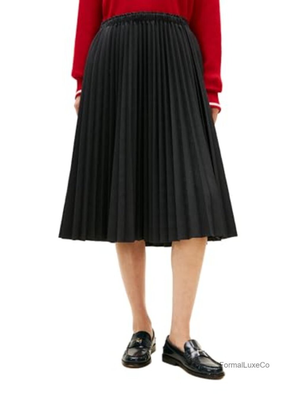 Medium Weight Wool Pleated Midi Skirt with Elastic Waist